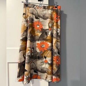 Vintage Floral Print Polyester Women's Skirt Orange and Brown Size 10